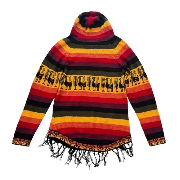 ARTESANIAS APAZA ALPACA Women’s S/M Peru Multicolor Sunset Stripe Hooded Sweater - Picture 2 of 15